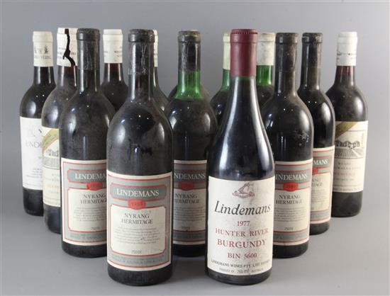 Fourteen assorted Australian wines, including five Lindemans Nyrang Hermitage, 1980, one bottle of